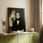 Canvas art print of a composed male figure with calm expression and subtle shading styled in a home decor setting.