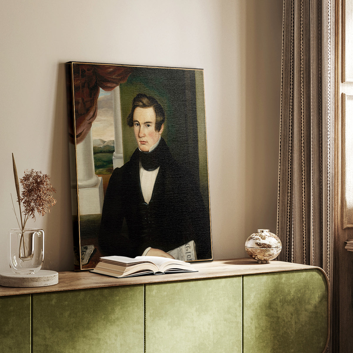 Canvas art print of a composed male figure with calm expression and subtle shading styled in a home decor setting.
