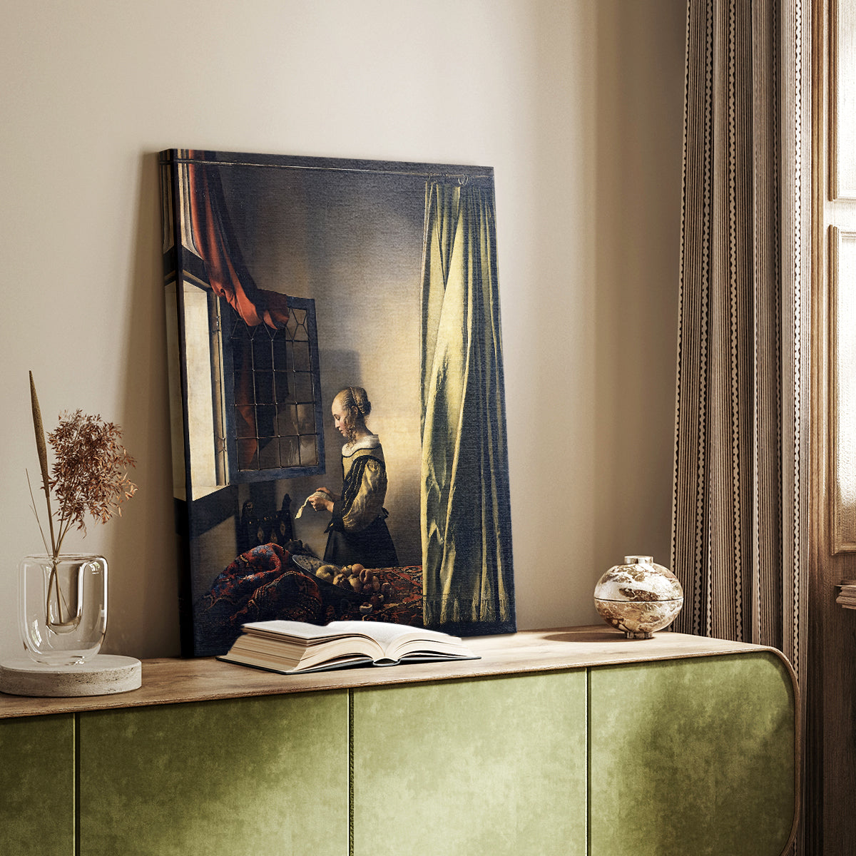Canvas art print of a quiet scene with natural light and focused figure styled in a home decor setting.