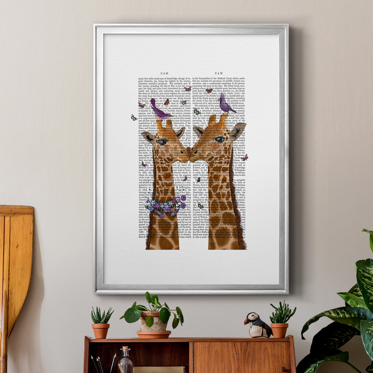 Kissing Giraffes with Birds - Modern Framed Canvas Print