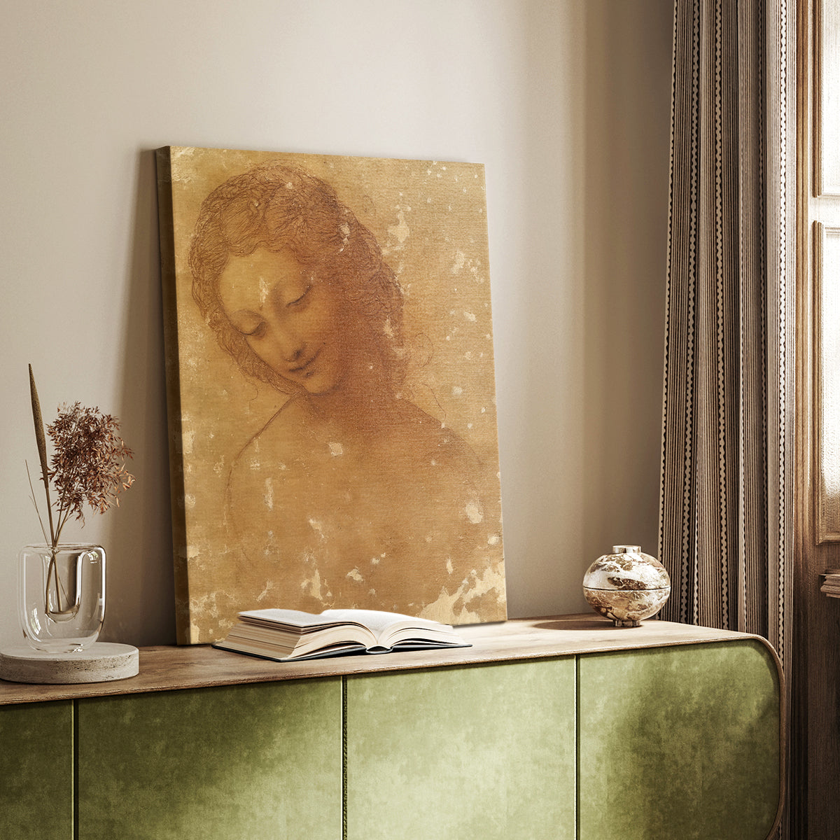 Canvas art print of a delicate figure study with smooth shading and calm expression styled in a home decor setting.