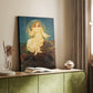 Canvas art print of a radiant figure surrounded by shadow and mystical atmosphere styled in a home decor setting.