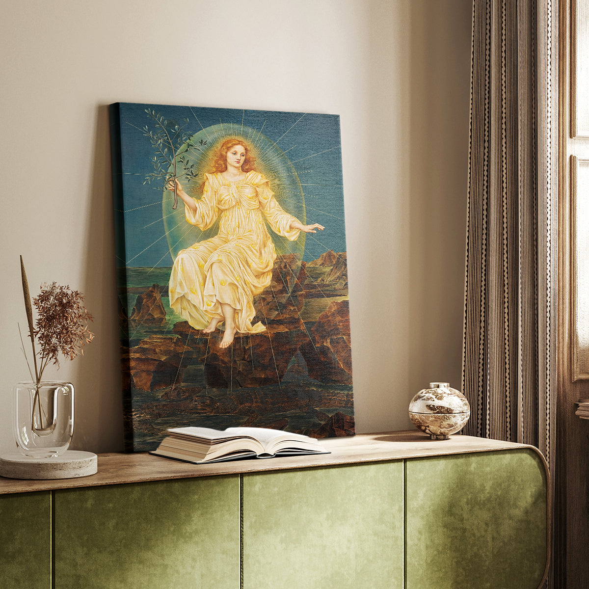 Canvas art print of a radiant figure surrounded by shadow and mystical atmosphere styled in a home decor setting.