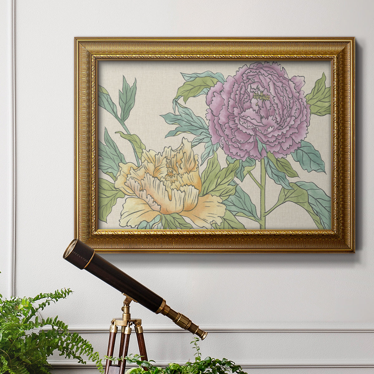 Contemporary peony flower illustration in an ornate traditional gold frame displayed in a light-toned interior setting.
