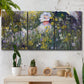 Three-panel canvas wall art featuring woman walking with parasol, displayed in a boho-chic entryway above a console table.