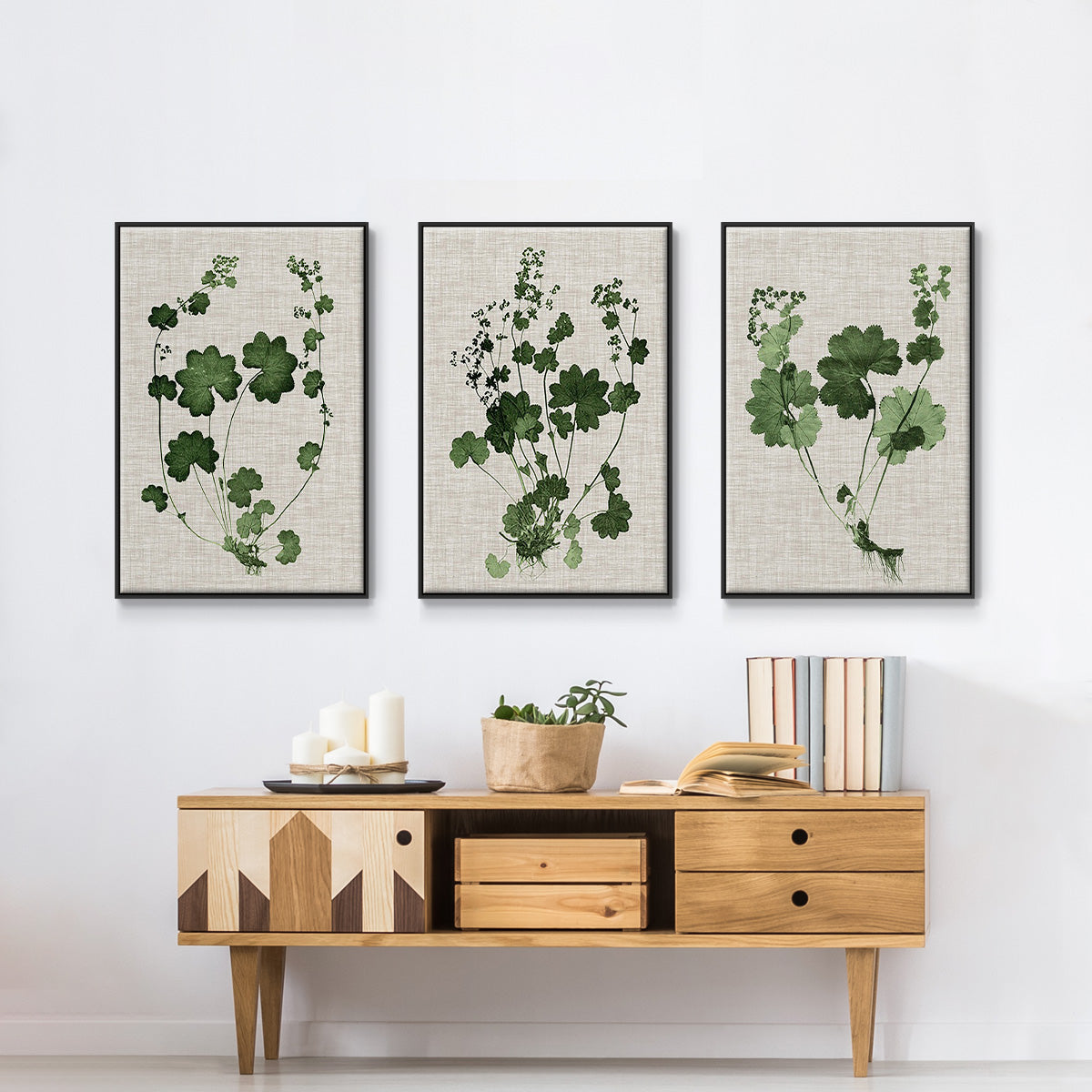 Forest Foliage on Linen I - Framed Premium Gallery Wrapped Canvas L Frame 3 Piece Set - Ready to Hang