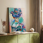 Canvas art print of a stylized face with vibrant tones and loose brushwork styled in a home decor setting.