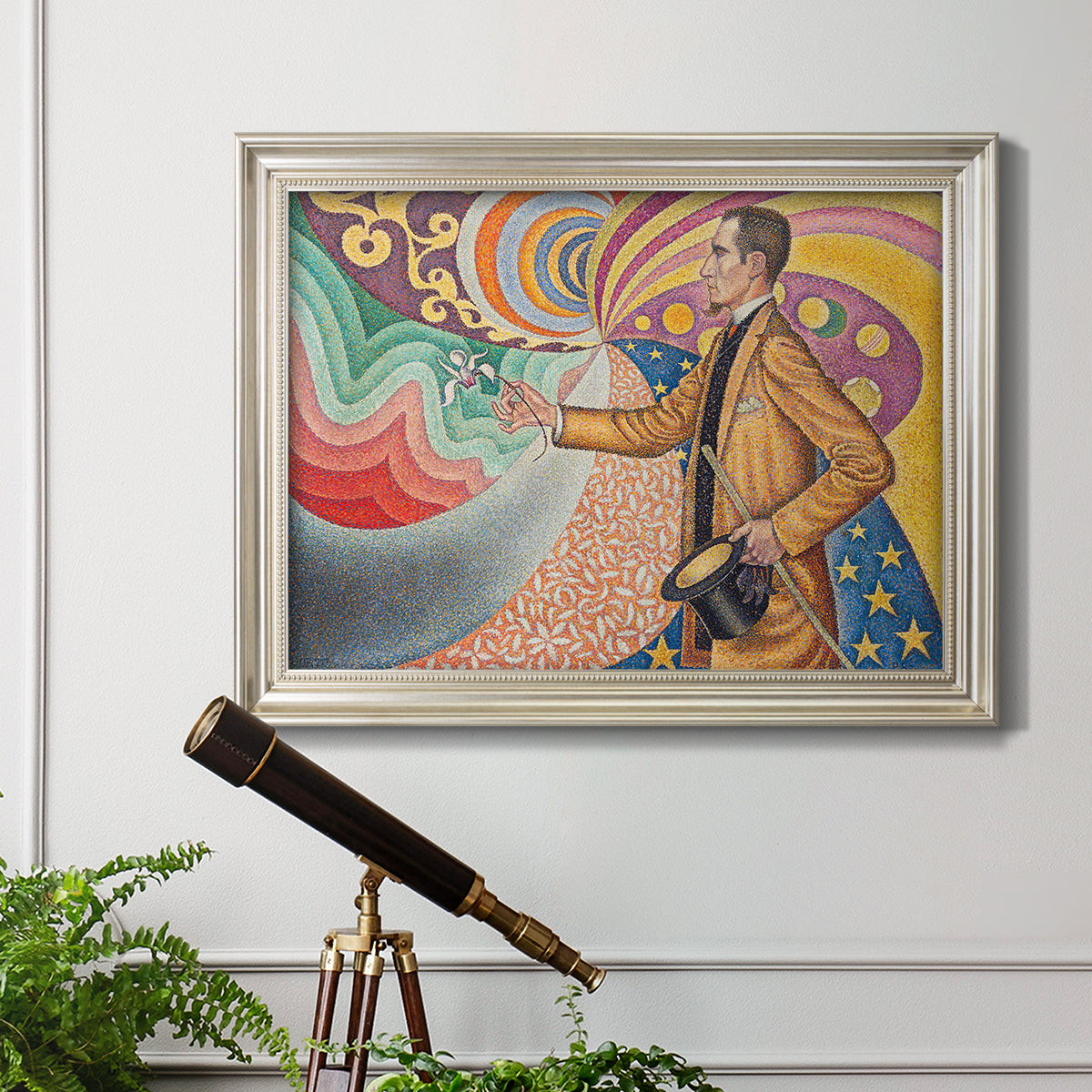 Neo-impressionist abstract portrait by Paul Signac in an ornate champagne frame displayed in a light-toned interior setting.