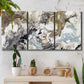 Three-panel canvas wall art featuring marbled modern abstract textures, displayed in a boho-chic entryway above a console table.