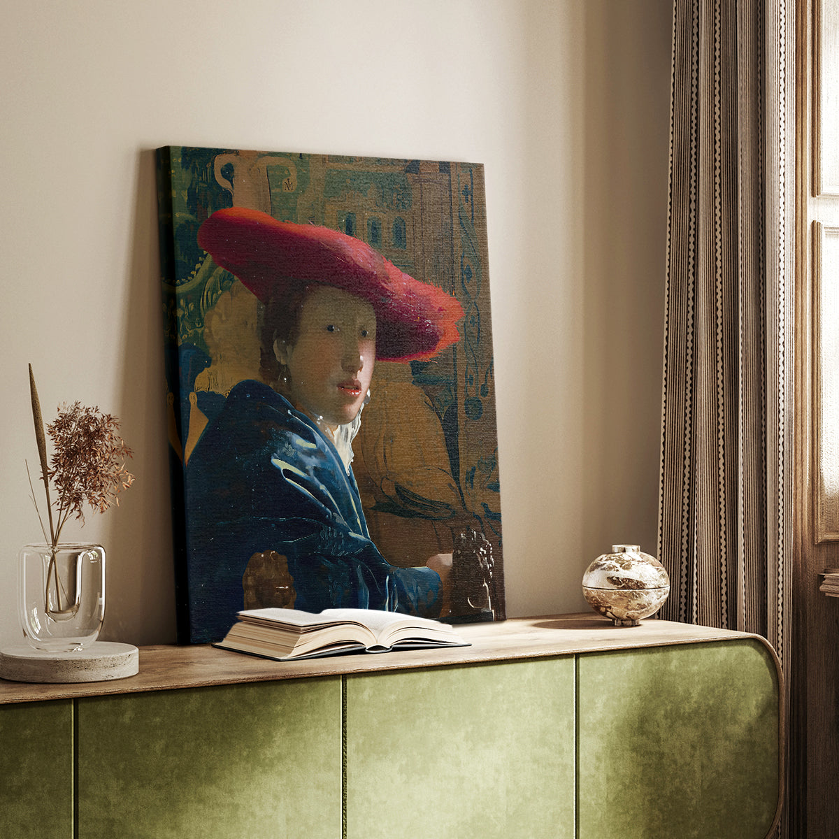 Canvas art print of a close-up figure with bold tones and soft light styled in a home decor setting.