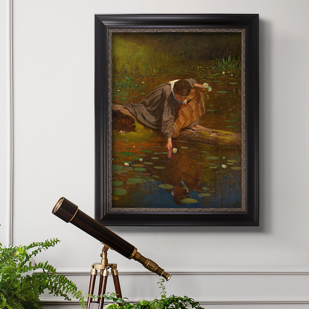 Realist genre painting of figures gathering lilies by Eastman Johnson in an ornate black frame with gilded inner detail displayed in a light-toned interior setting.