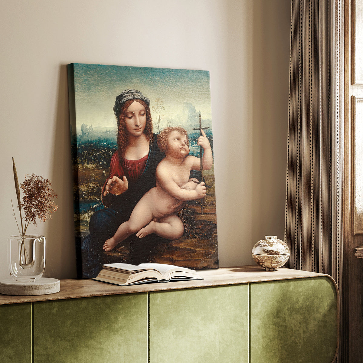 Canvas art print of a gentle composition with figures and landscape background styled in a home decor setting.