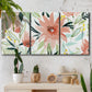 Three-panel canvas wall art featuring tropical botanical collage, displayed in a boho-chic entryway above a console table.