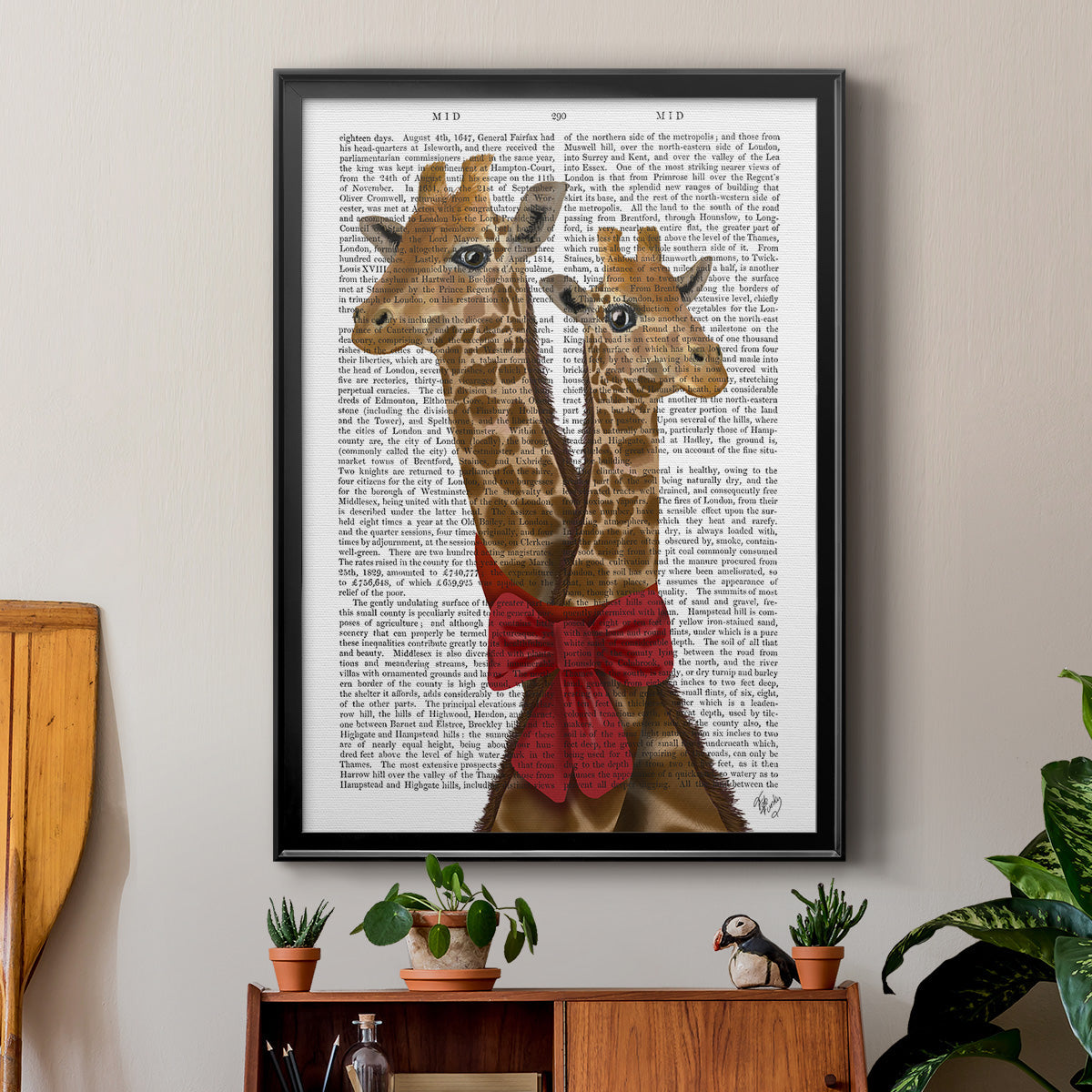 Giraffes and Bow - Modern Framed Canvas Print