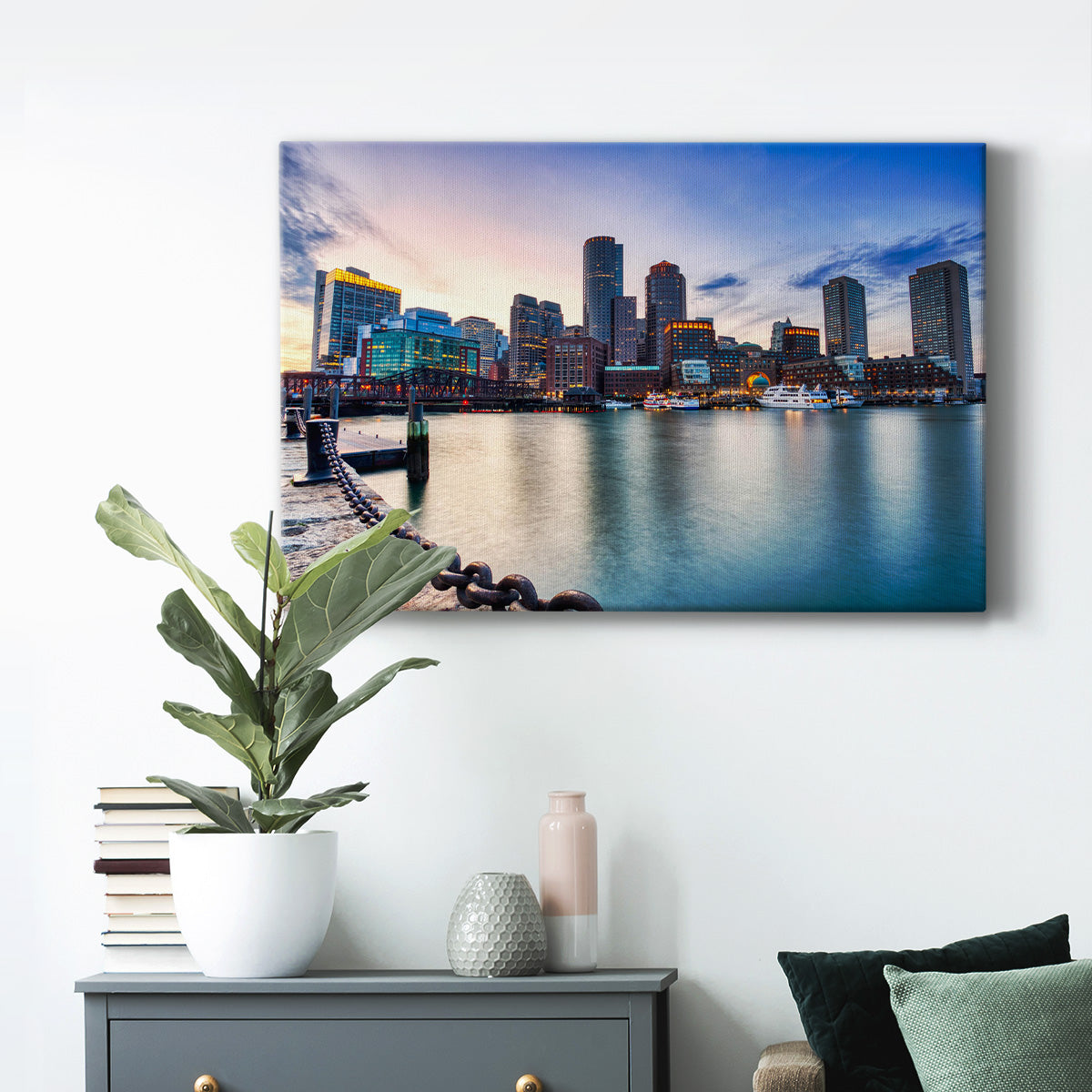 Boston Skyline with Financial District and Boston Harbor at Sunset - Canvas Art Print