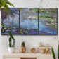 Three-panel canvas wall art featuring water lilies emerging through mist, displayed in a boho-chic entryway above a console table.