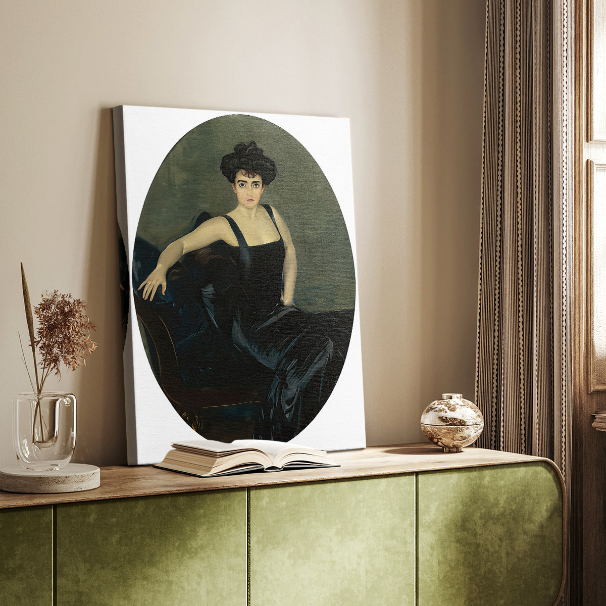 Canvas art print of a refined female figure with calm expression and smooth tones styled in a home decor setting.
