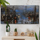 Three-panel canvas wall art featuring Le Havre port at night with lights, displayed in a boho-chic entryway above a console table.
