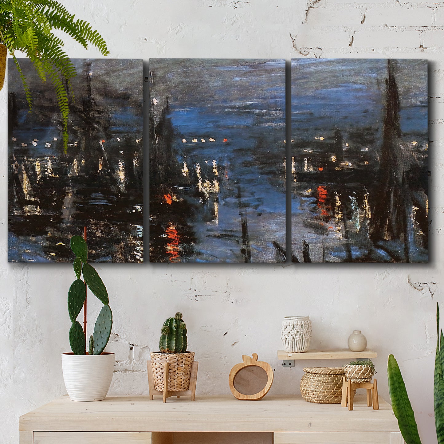 Three-panel canvas wall art featuring Le Havre port at night with lights, displayed in a boho-chic entryway above a console table.
