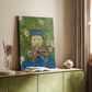 Canvas art print of a vivid figure with strong outlines and textured strokes styled in a home decor setting.