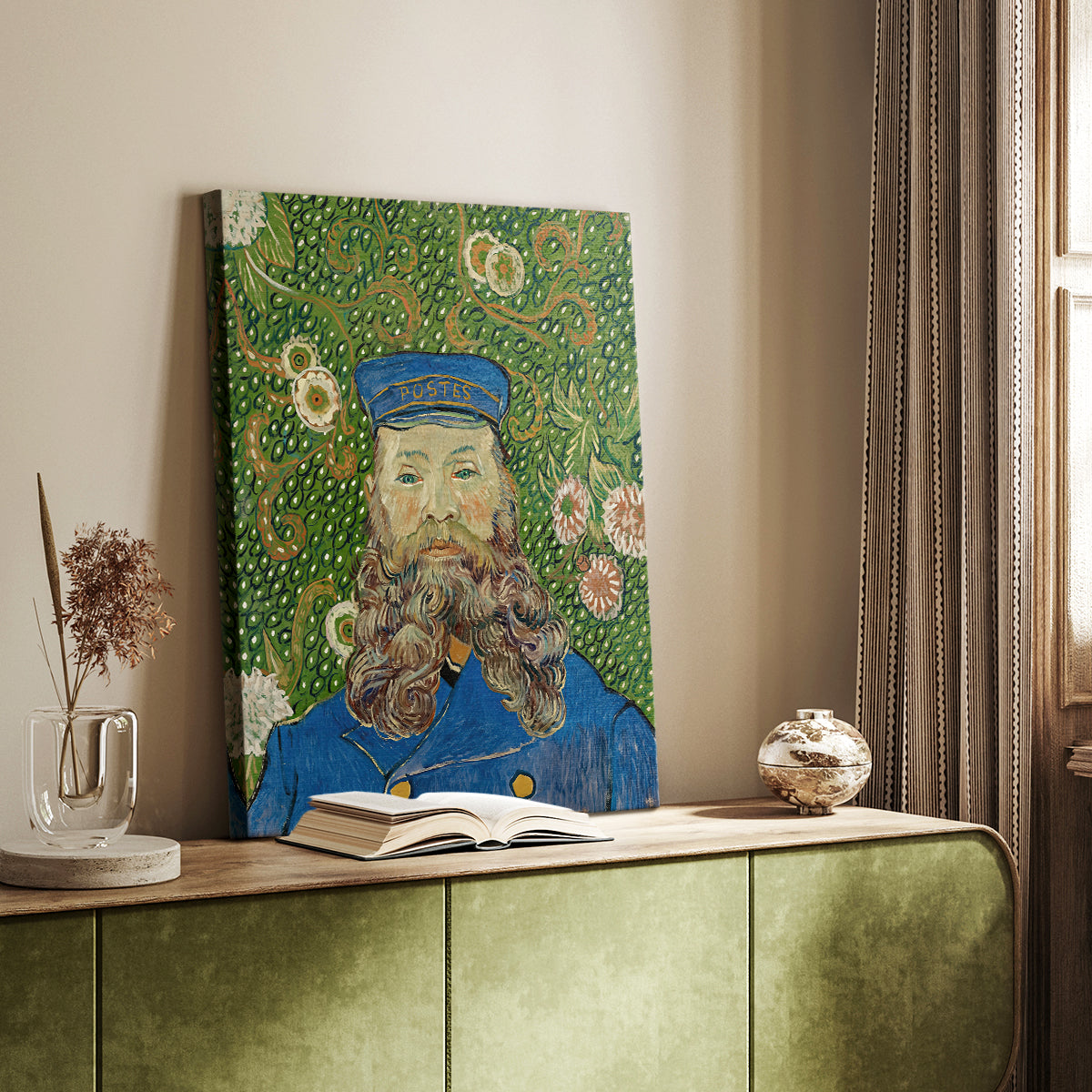 Canvas art print of a vivid figure with strong outlines and textured strokes styled in a home decor setting.