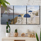 Three-panel canvas wall art featuring white buildings overlooking sea cliffs, displayed in a boho-chic entryway above a console table.
