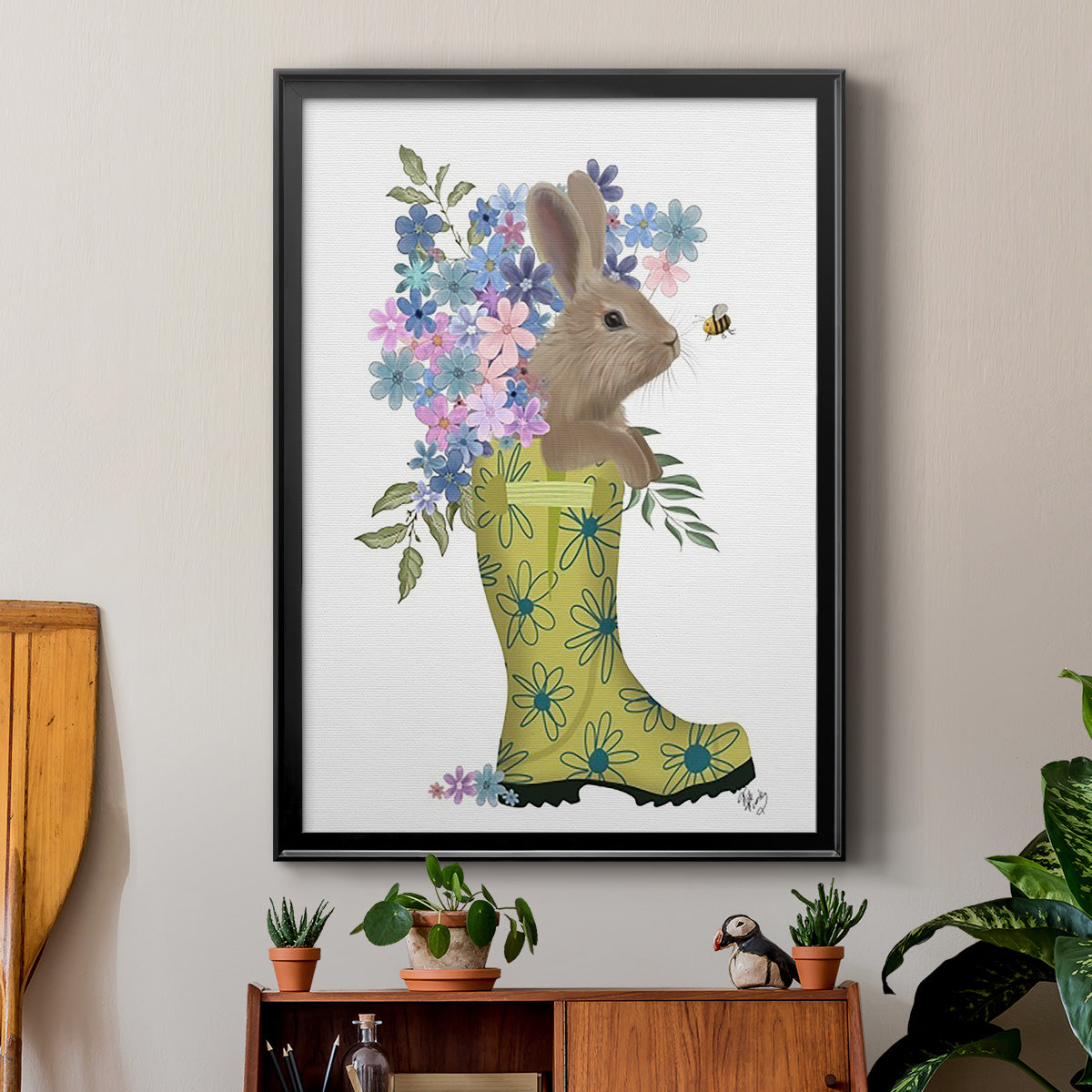 Welly Bunny And Bee - Modern Framed Canvas Print