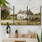 Three-panel canvas wall art featuring rural farmhouse harvest landscape, displayed in a boho-chic entryway above a console table.