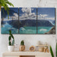 Three-panel canvas wall art featuring tropical water reflections with foliage, displayed in a boho-chic entryway above a console table.