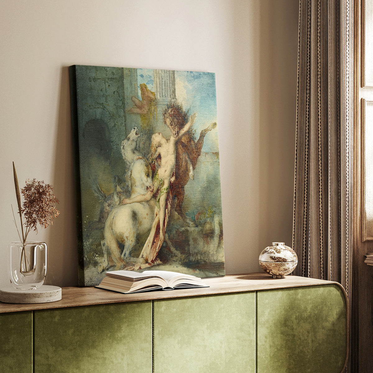 Canvas art print of a mythological composition with movement and strong tension styled in a home decor setting.