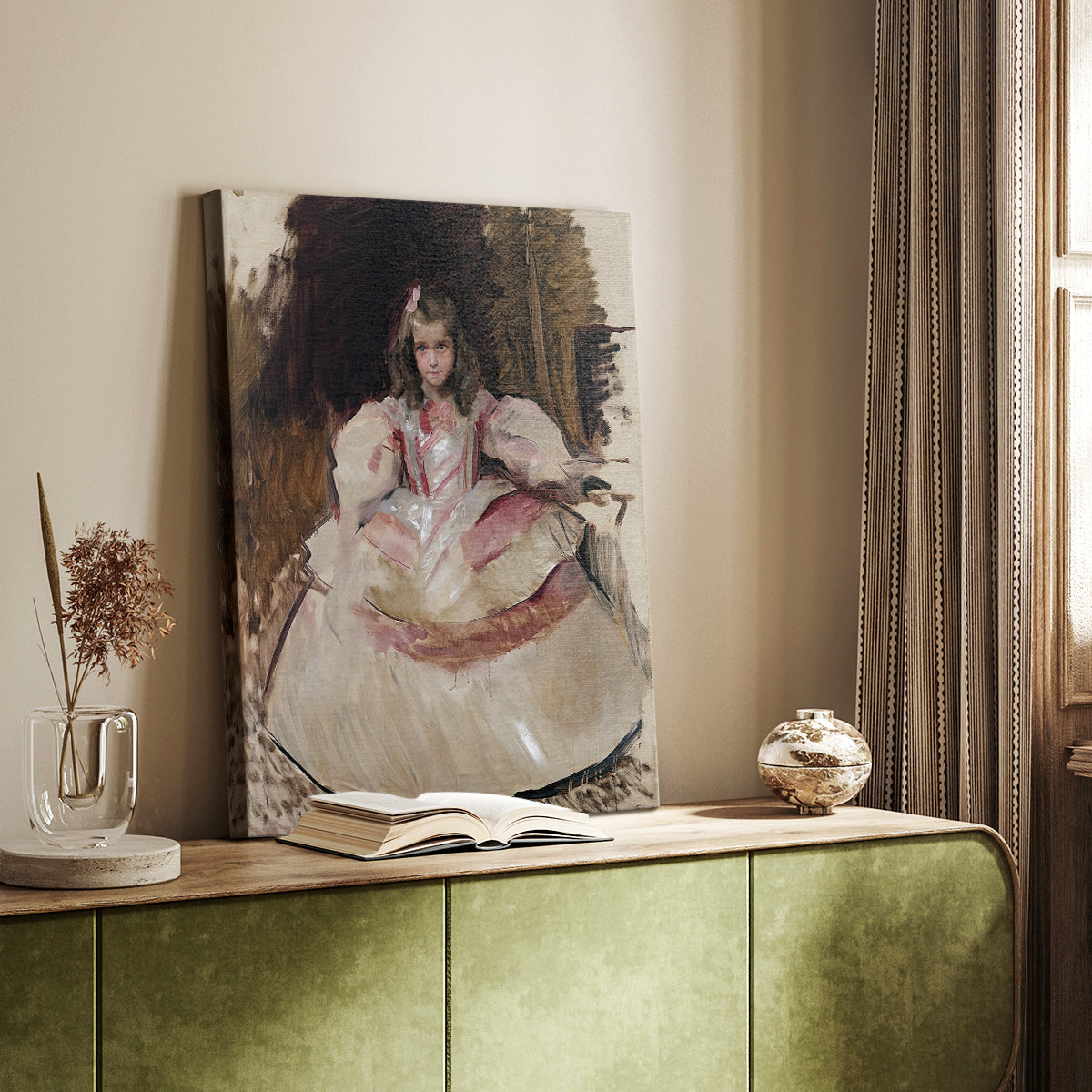 Canvas art print of a refined child figure with decorative costume and soft light styled in a home decor setting.