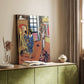 Canvas art print of a stylized composition with bold textiles and multiple figures styled in a home decor setting.