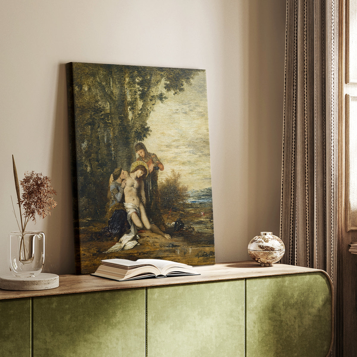Canvas art print of a religious composition with strong contrast and emotional tone styled in a home decor setting.