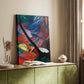 Canvas art print of an abstract woodland with animals and geometric shapes styled in a home decor setting.