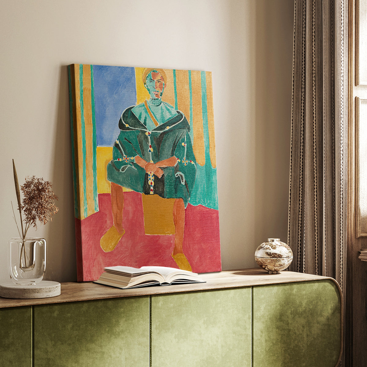 Canvas art print of a figure in traditional attire with bold tones and simple forms styled in a home decor setting.