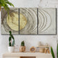 Three-panel canvas wall art featuring circular abstract energy forms, displayed in a boho-chic entryway above a console table.