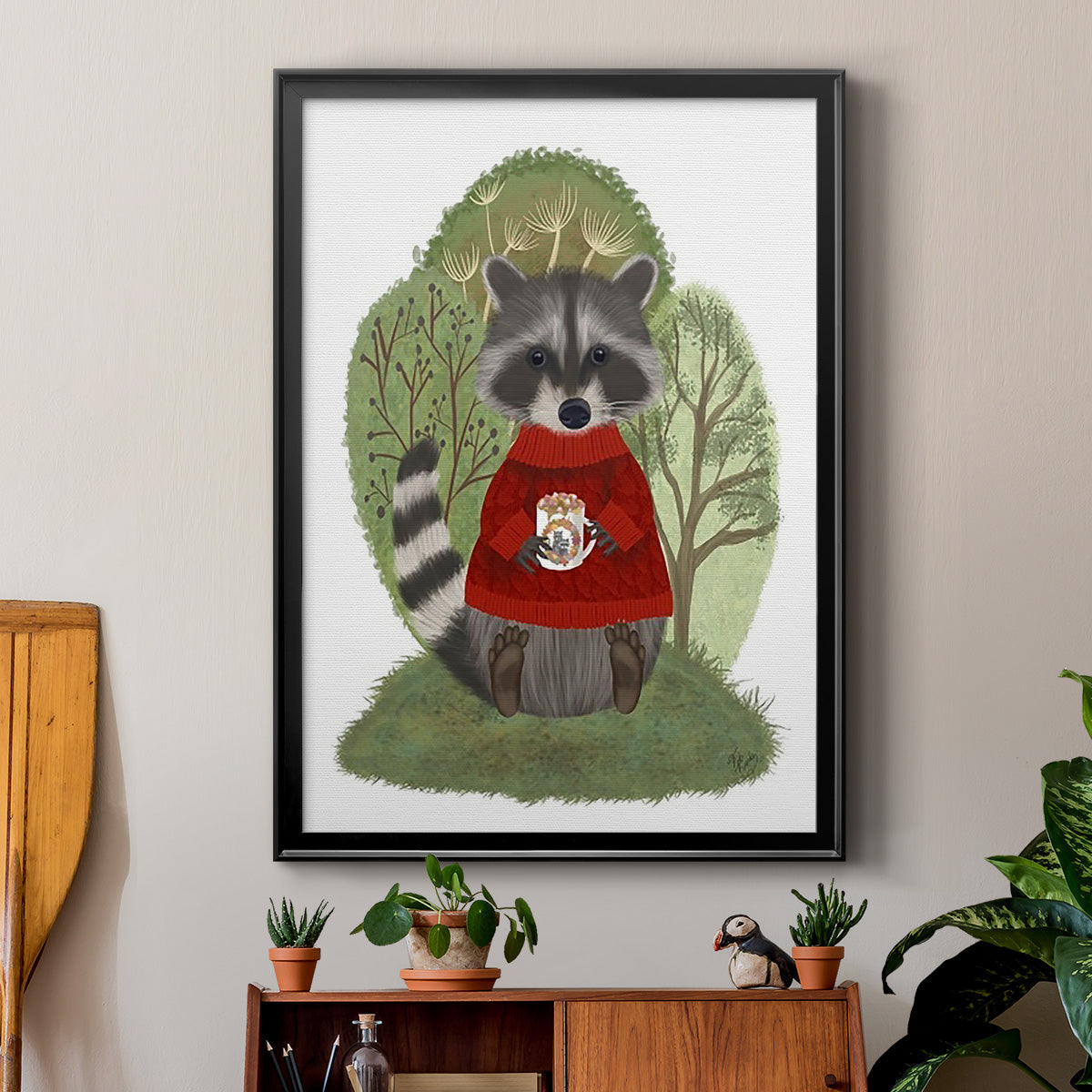 Hot Chocolate Raccoon - Modern Framed Canvas Print