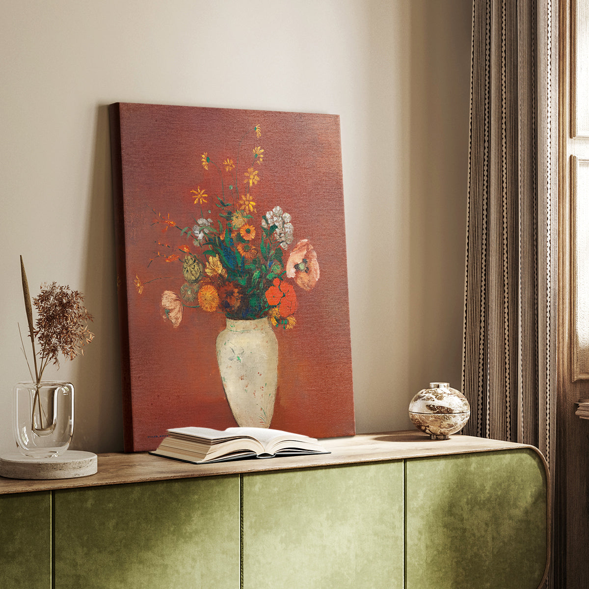 Canvas art print of a floral arrangement with muted color and gentle texture styled in a home decor setting.