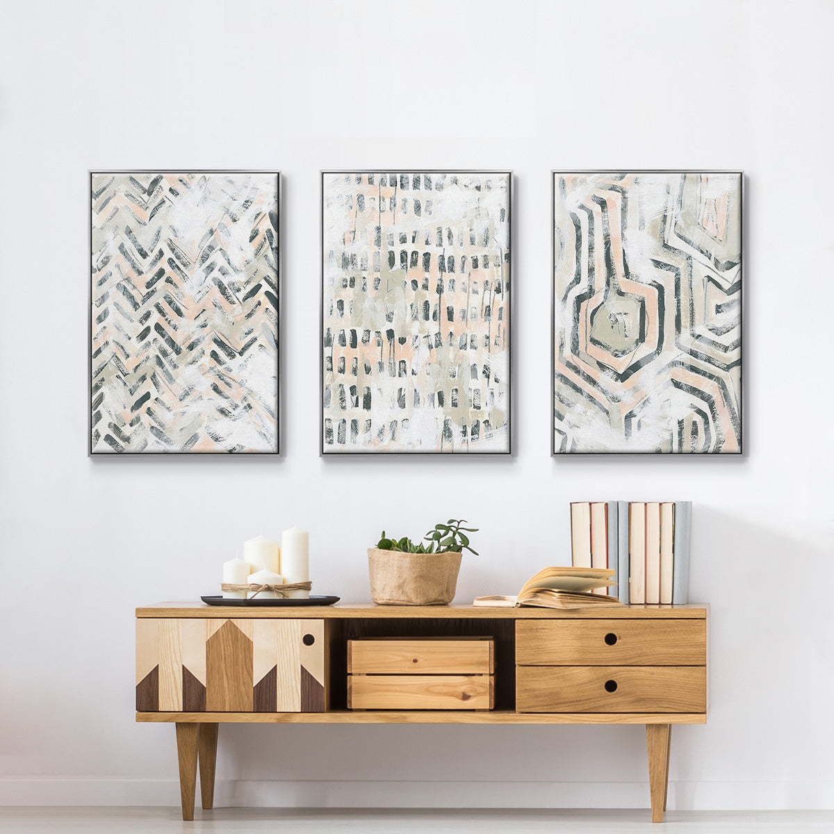 Sand Glyphs I - Framed Premium Gallery Wrapped Canvas L Frame 3 Piece Set - Ready to Hang