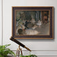 Impressionist backstage ballet scene by Edgar Degas in an ornate bronzed mahogany wood frame displayed in a light-toned interior setting.