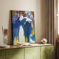 Canvas art print of a dynamic image with layered shapes and vivid tones styled in a home decor setting.