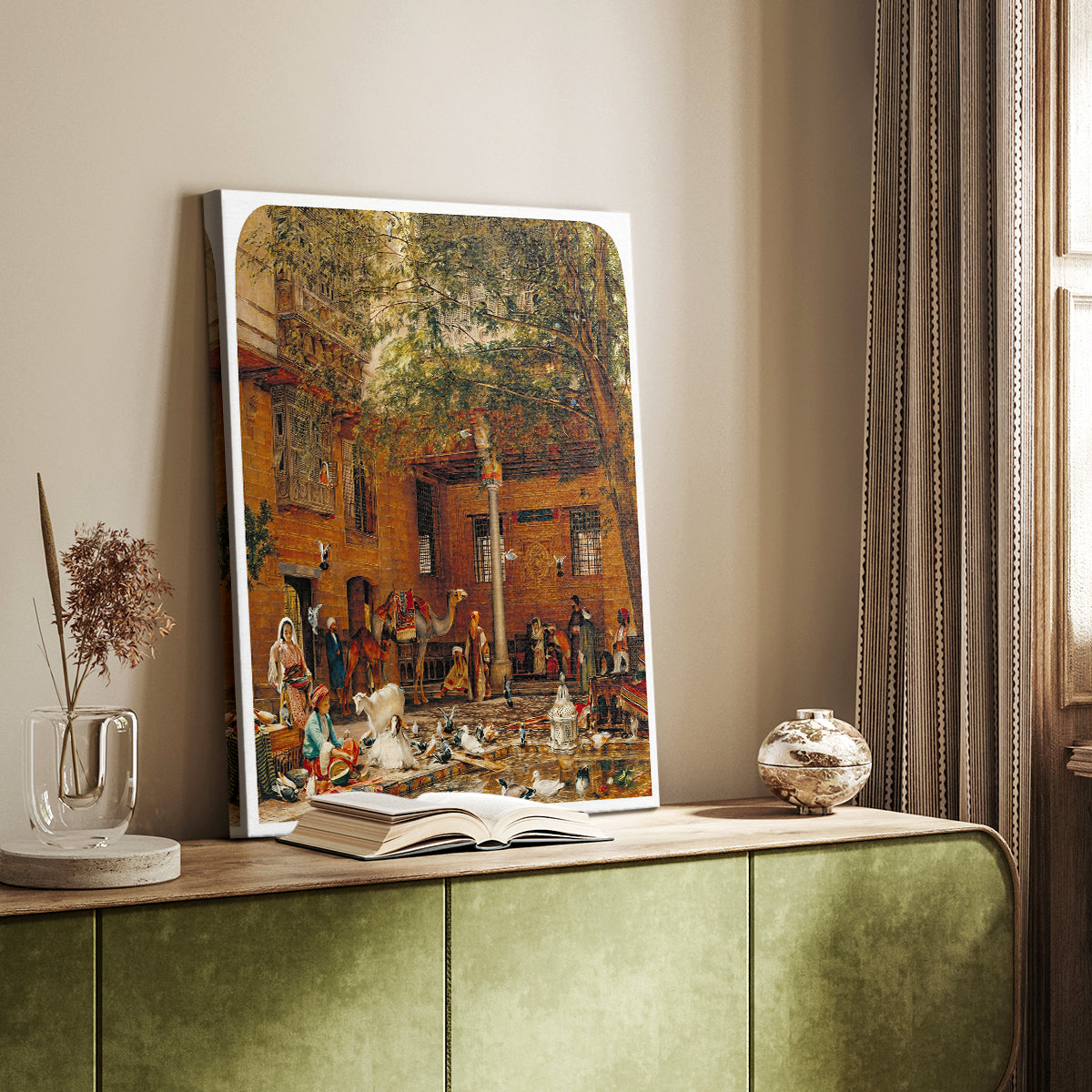 Canvas art print of a sunlit interior courtyard with arches and decorative elements styled in a home decor setting.