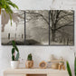 Three-panel canvas wall art featuring fenced rural path through countryside, displayed in a boho-chic entryway above a console table.