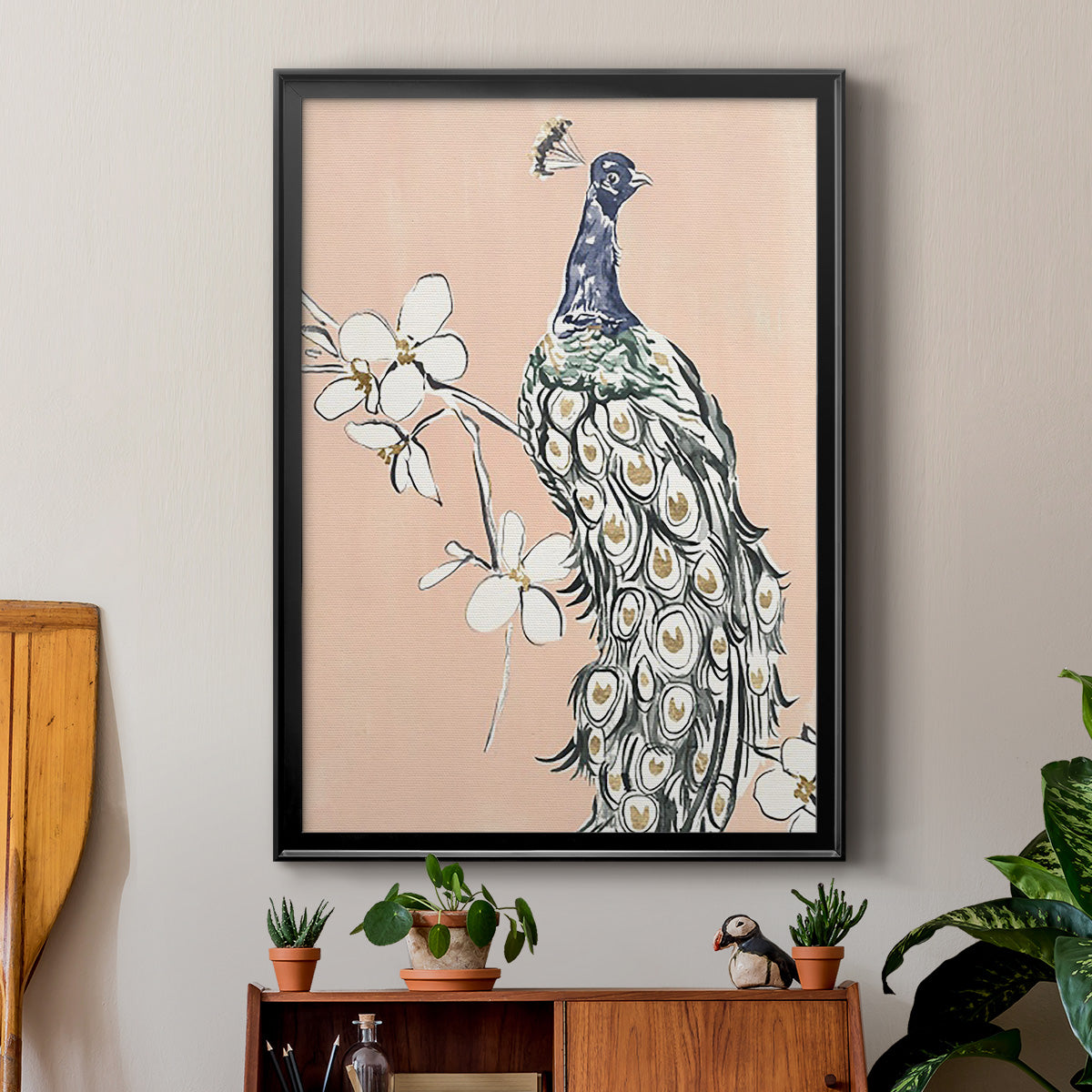 Peacock in Gold III - Modern Framed Canvas Print