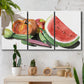 Three-panel canvas wall art featuring impressionist market still life, displayed in a boho-chic entryway above a console table.