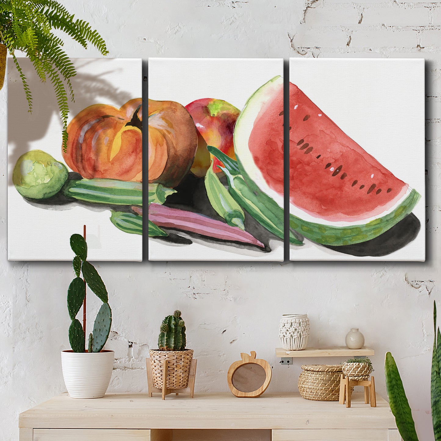 Three-panel canvas wall art featuring impressionist market still life, displayed in a boho-chic entryway above a console table.