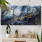 Three-panel canvas wall art featuring soft abstract landscape anticipation tones, displayed in a boho-chic entryway above a console table.