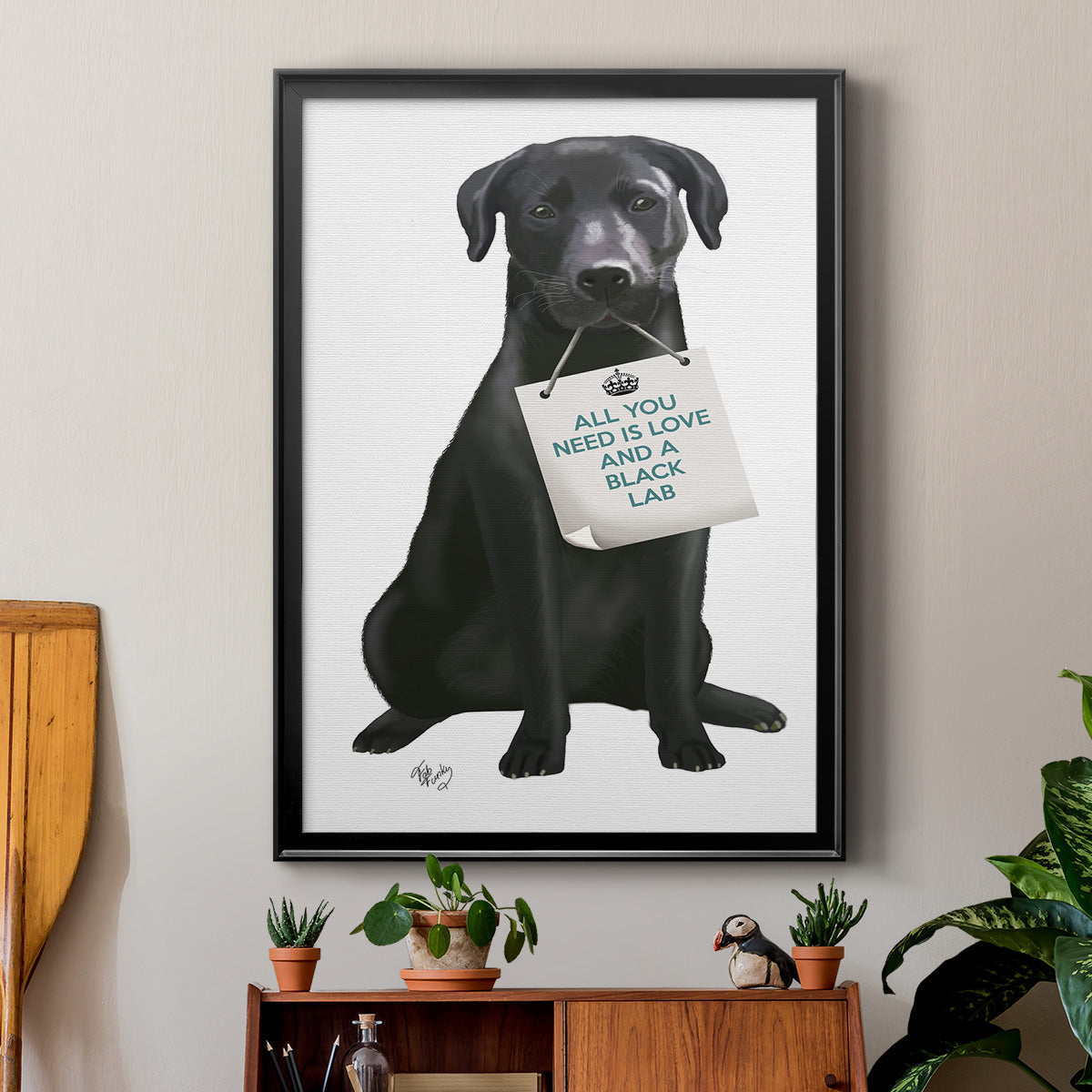 Love and Black Labrador - Modern Framed Canvas Print