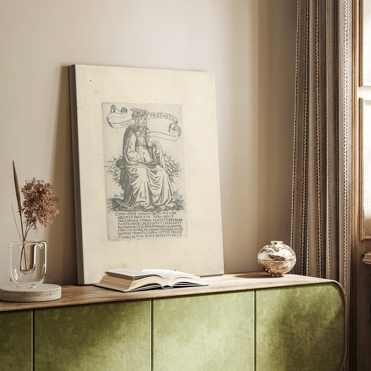 Canvas art print of a classical figure with etched texture and balanced pose styled in a home decor setting.