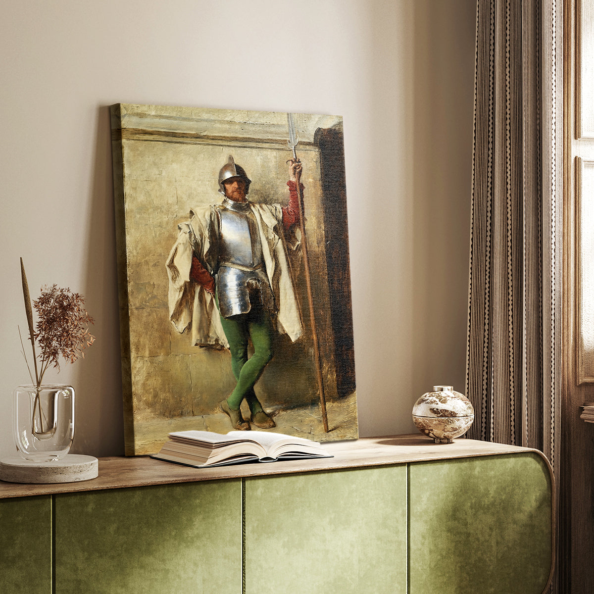 Canvas art print of a solitary figure in military attire with composed posture styled in a home decor setting.